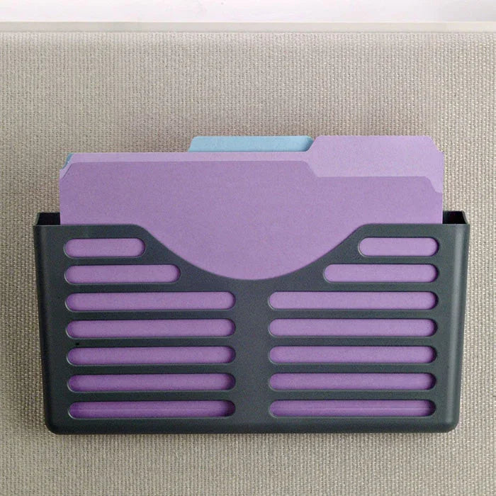 Wall-mounted file pocket organizer with purple and blue folders for office storage