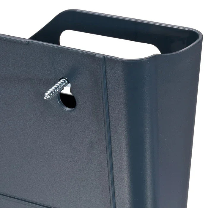 Black wall-mounted file pocket with installation screw, office organizer close-up