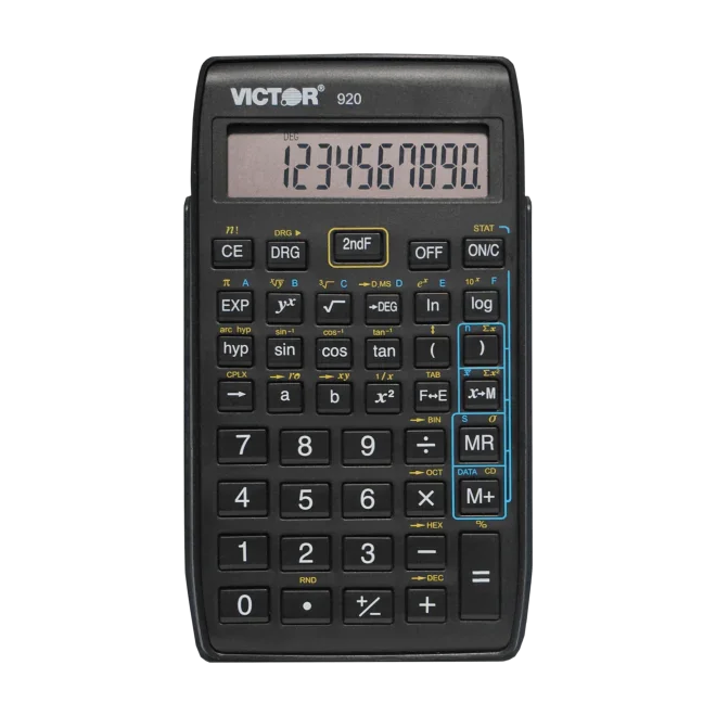 Black 10-digit scientific calculator with LCD display and multiple function buttons