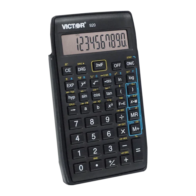 Compact 10-digit scientific calculator with LCD display and black keypad featuring yellow and blue accents.