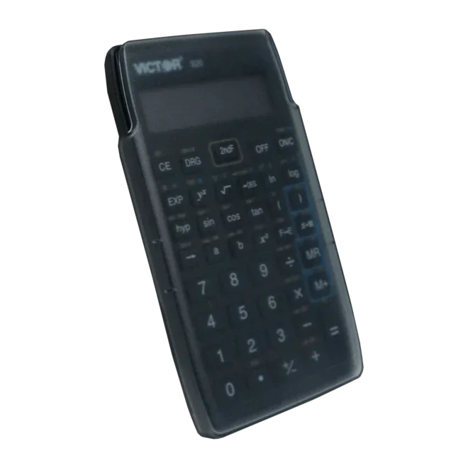 Compact scientific calculator with 10-digit display and protective cover