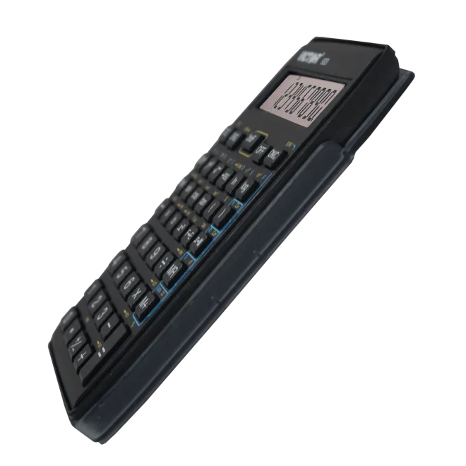Black 10-digit compact scientific calculator with protective cover, angled display