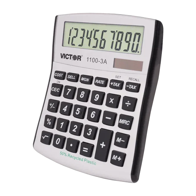 Victor 1100-3A desktop calculator with tax and cost functions, made with 50% recycled plastic