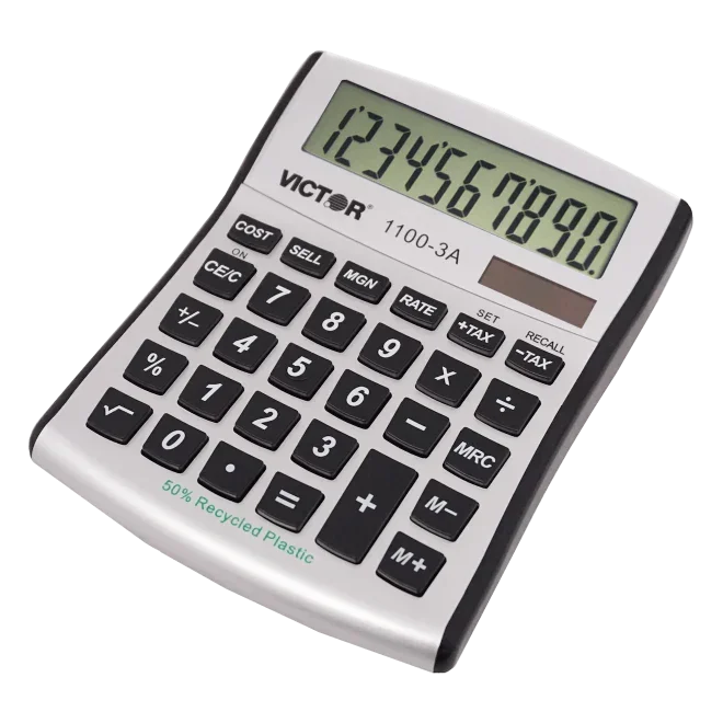 Victor 1100-3A desktop calculator with large display, black keys, and 50% recycled plastic body for office or school use