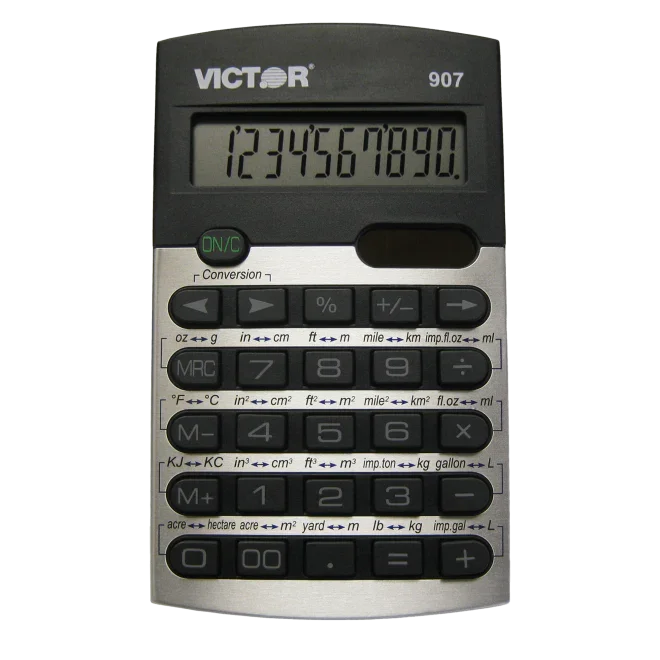 10-digit portable metric conversion calculator with large LCD display and multiple unit buttons