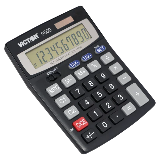 10-digit desktop calculator with tax and currency buttons, angled display, black and gray keys