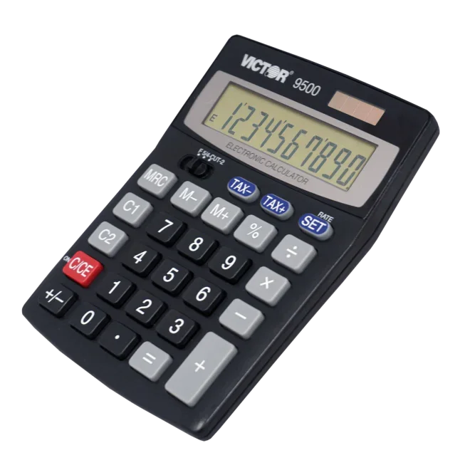 10-digit desktop calculator with tax and currency conversion buttons, large LCD screen