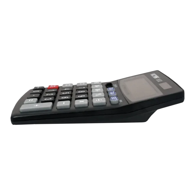 10-digit desktop calculator with large angled display and currency conversion buttons