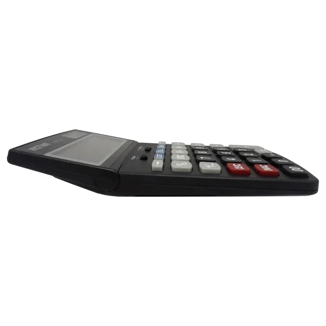 Side view of a 12-digit business calculator with angled display and large buttons