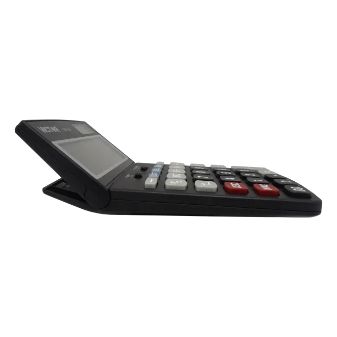 Side view of a 12-digit business calculator with large angled display and color-coded keys