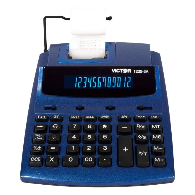 12-digit commercial printing calculator with paper roll and large keypad on white background