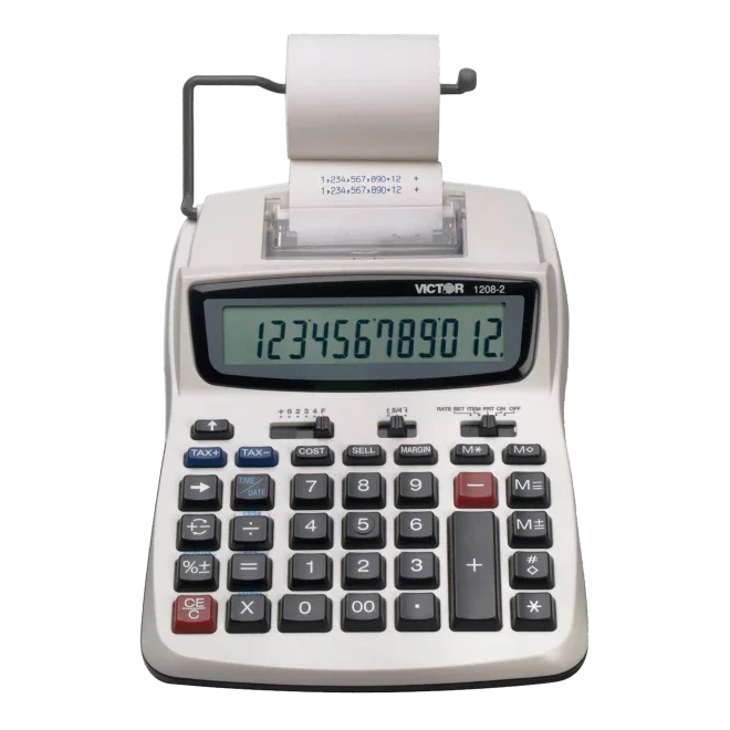 12-digit compact commercial printing calculator with large display and receipt paper roll