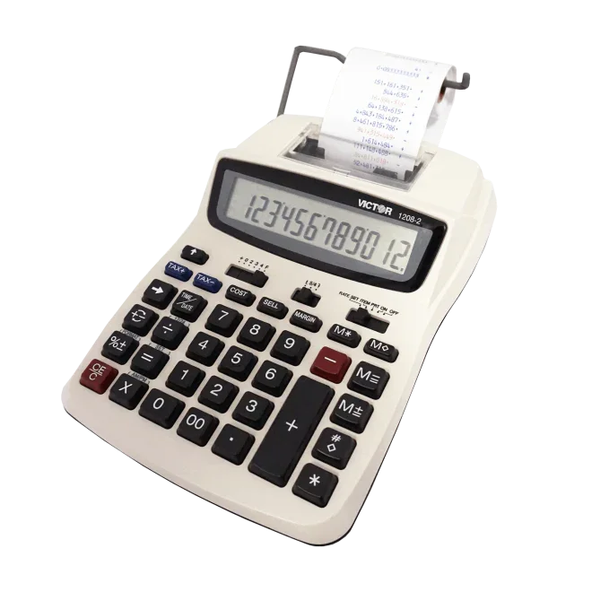 Compact 12-digit commercial printing calculator with paper roll and large display