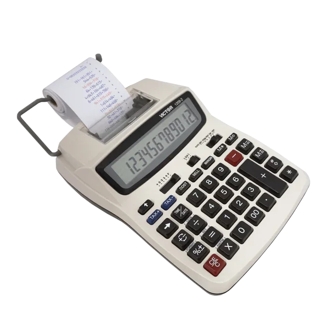 12-digit compact commercial printing calculator with paper roll and large display
