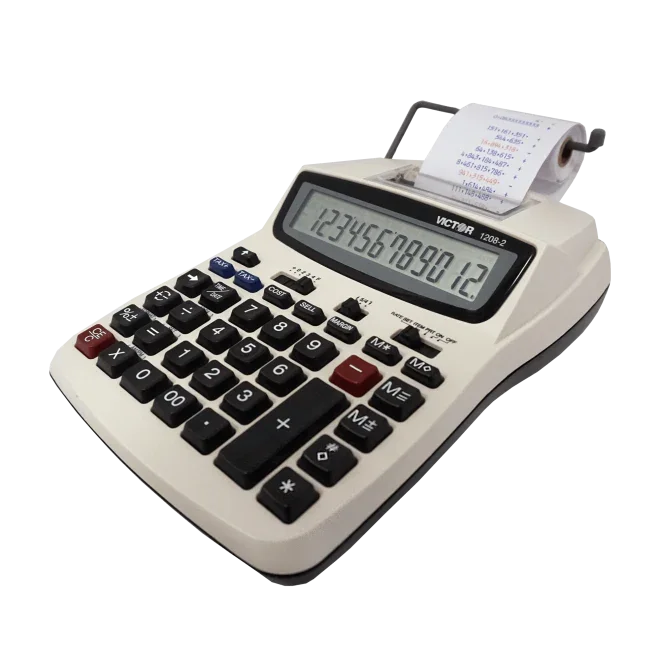 12-digit compact commercial printing calculator with angled display and paper roll