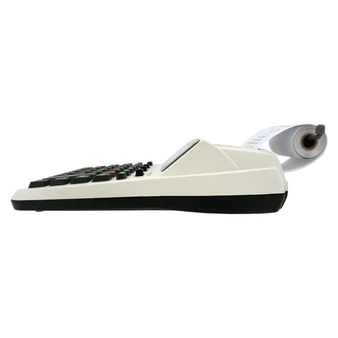 12-digit compact commercial printing calculator with roll paper, side view