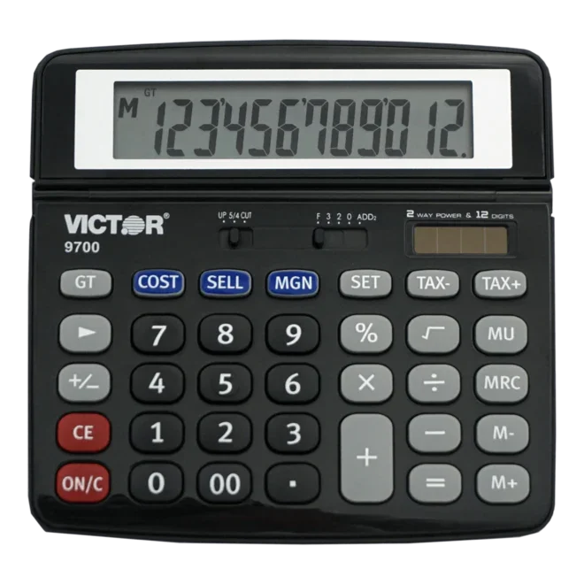 12-digit desktop business calculator with large display and tax, cost, sell, margin buttons