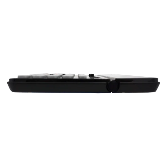 Side view of a black 12-digit desktop business calculator with slim profile