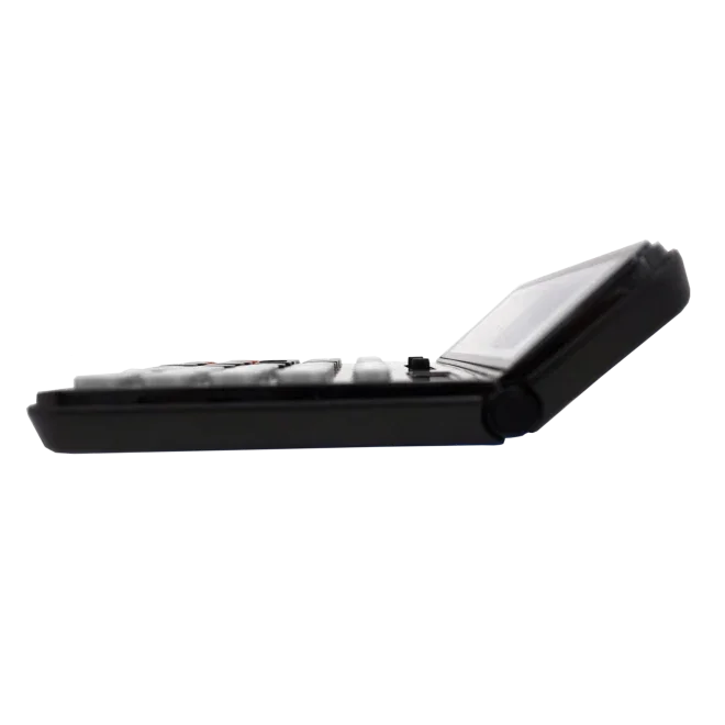 Side view of a 12-digit desktop business calculator with angled display