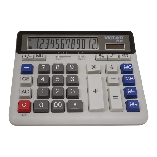 12-digit desktop calculator with large display and color-coded buttons for office or school