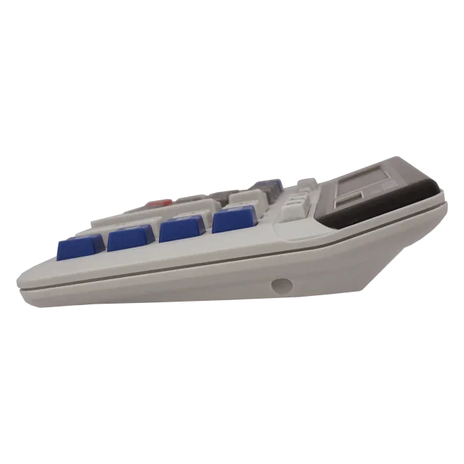 Side view of 12-digit desktop calculator with blue and gray keys