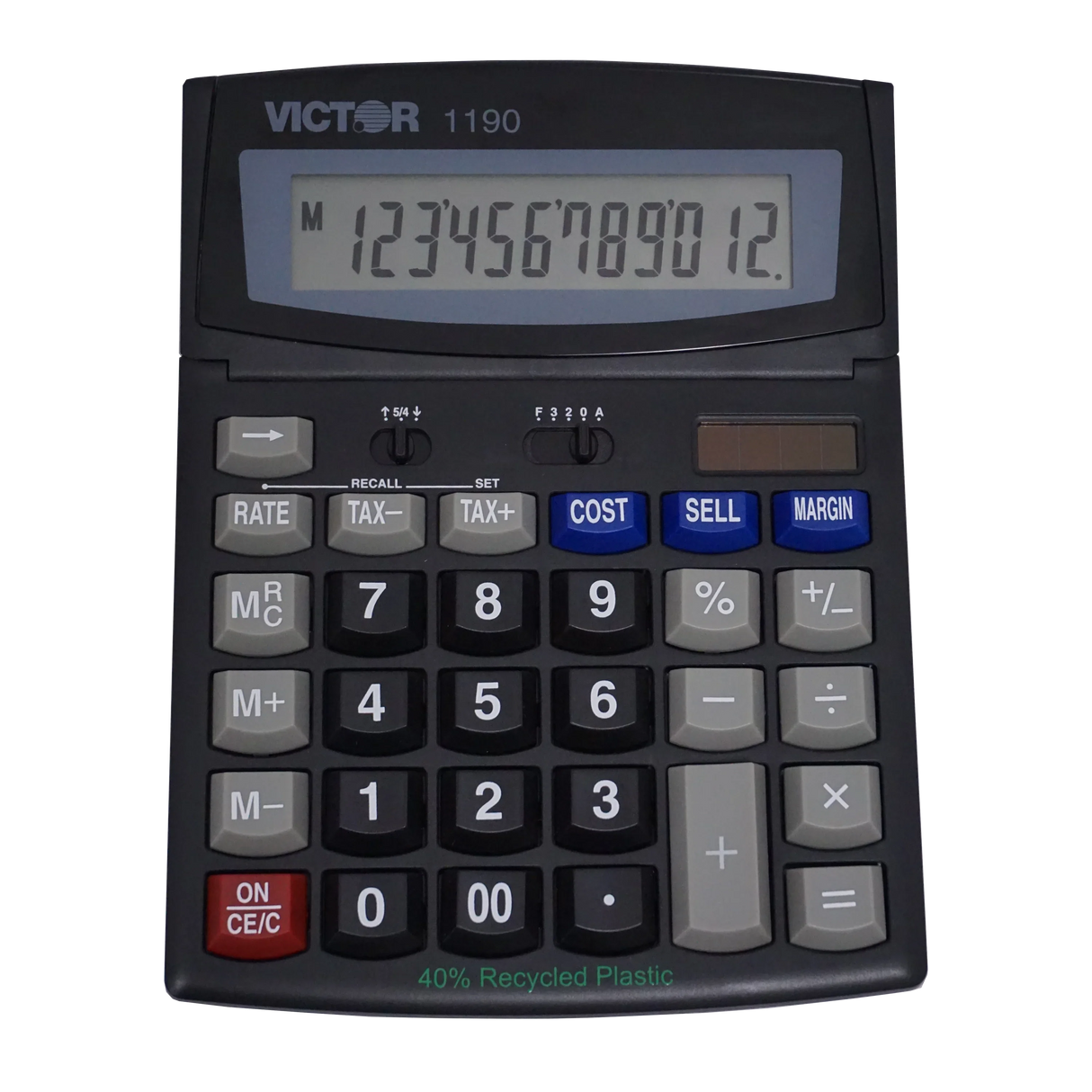 12-digit desktop calculator with tax, cost, sell, margin keys and large LCD display