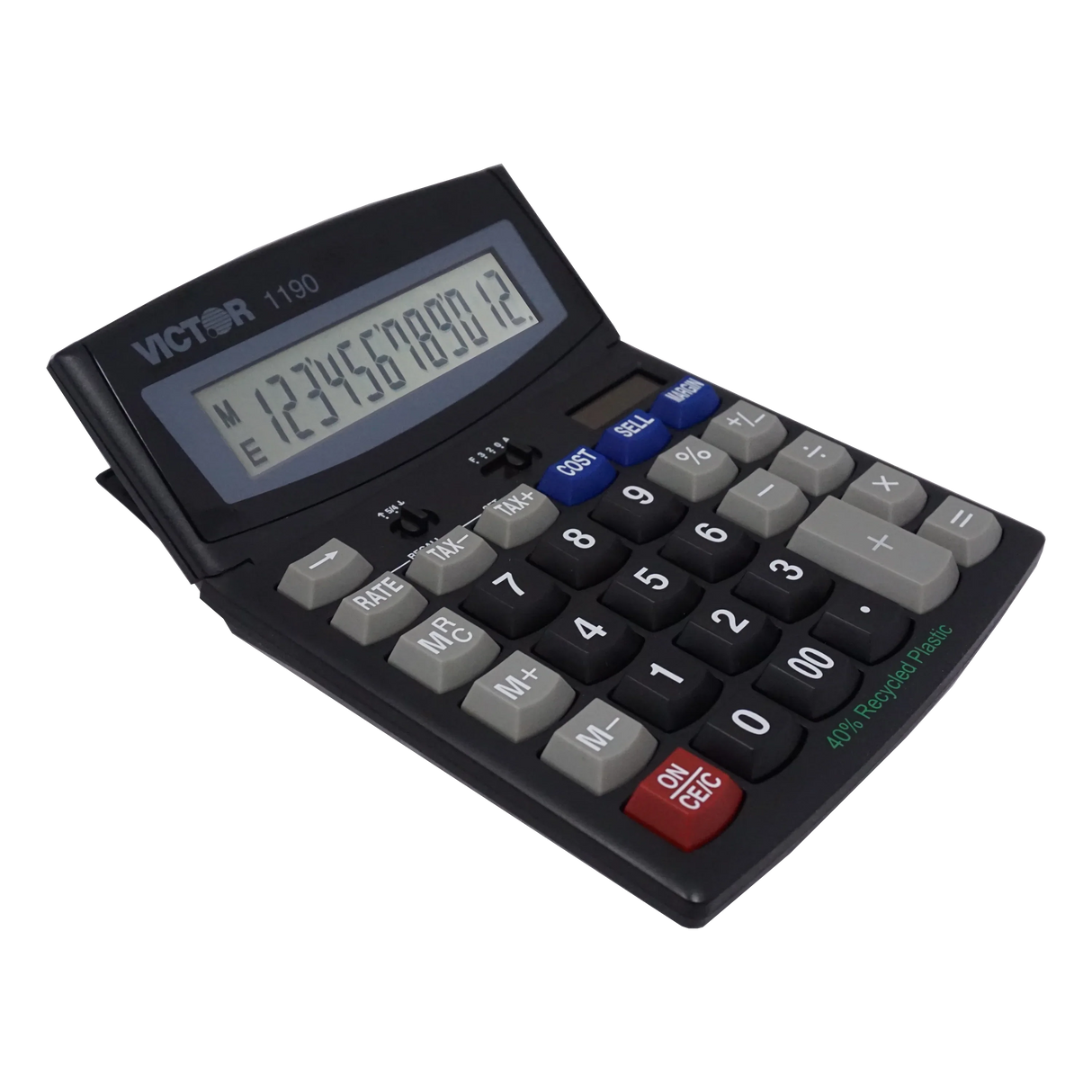 12-digit desktop calculator with large angled LCD display and color-coded buttons