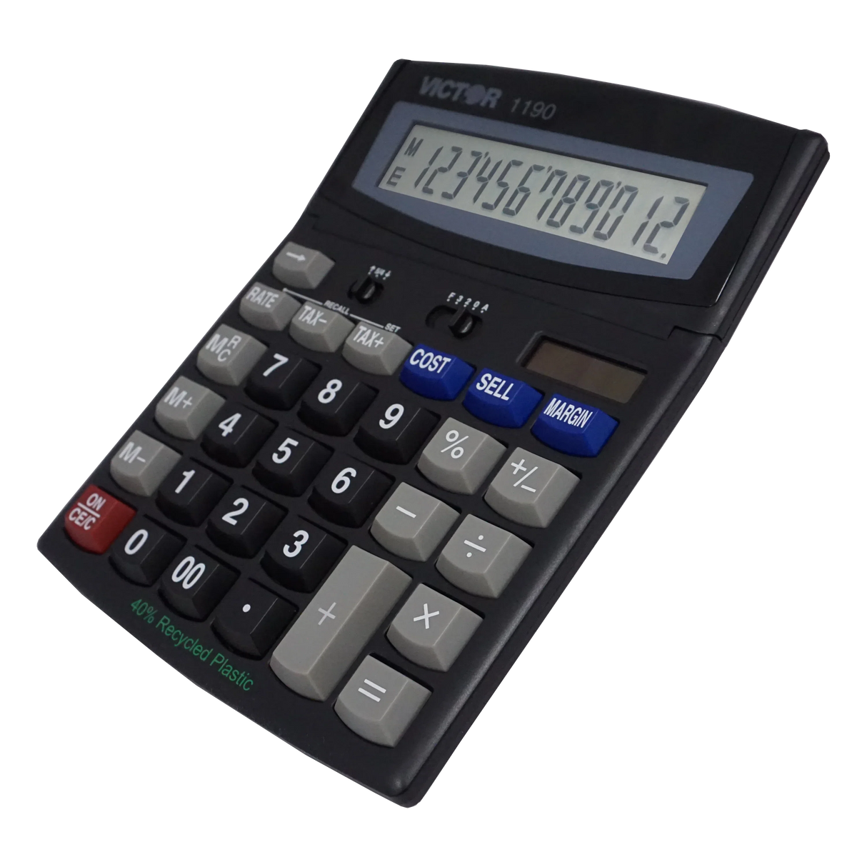 12-digit desktop calculator with large LCD display and function keys on black background