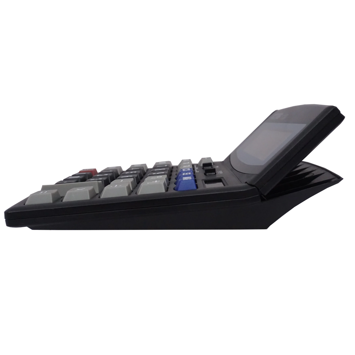 Side view of a 12-digit desktop calculator with angled display and color-coded keys