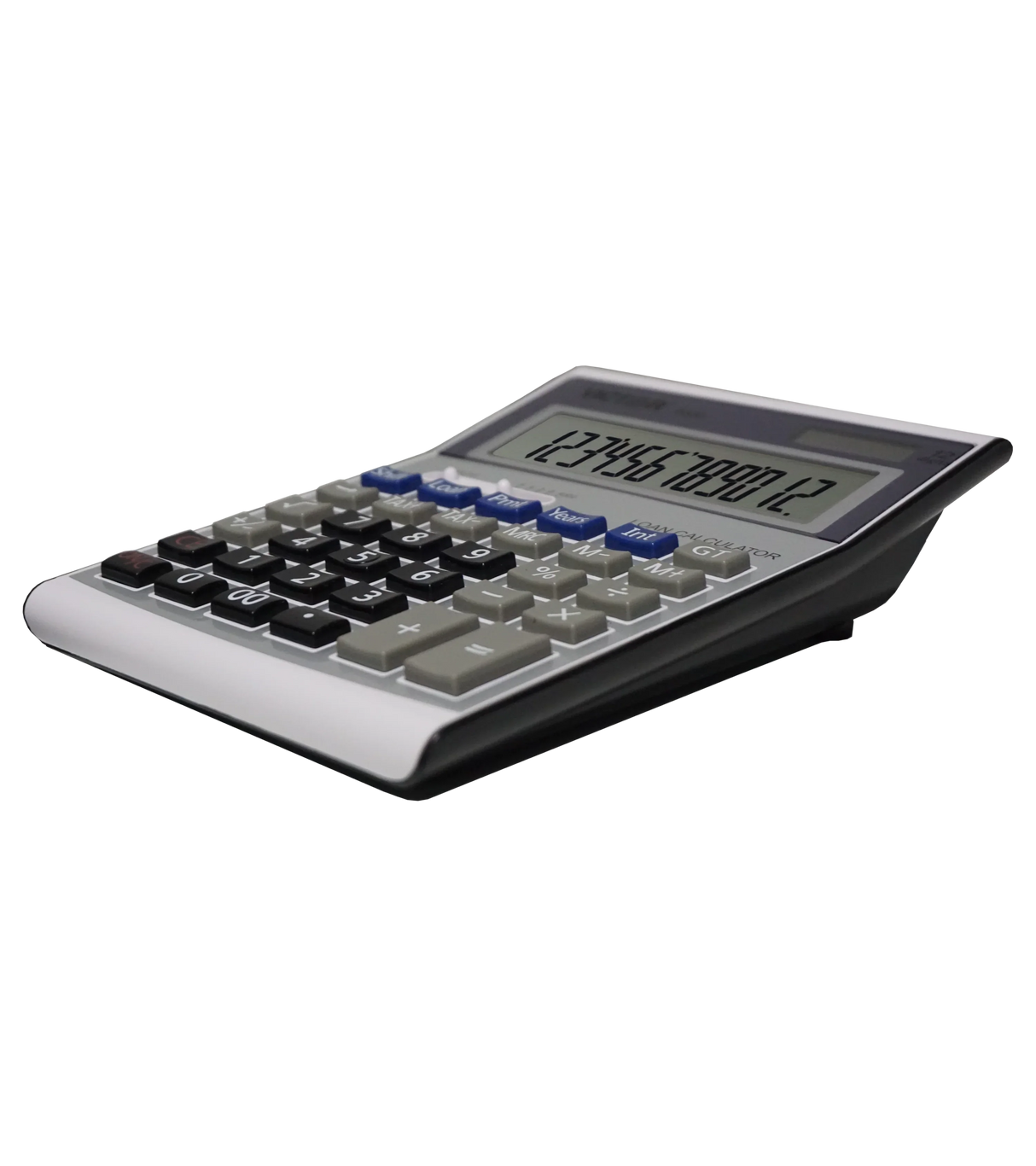 12-digit executive desktop financial calculator with angled display and function keys