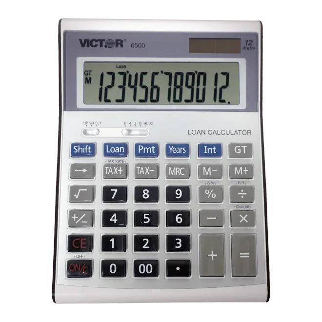 12-digit desktop financial calculator with large display and loan calculation buttons
