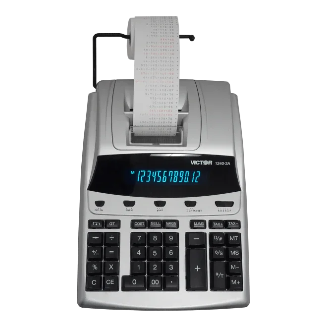 12-digit commercial printing calculator with paper roll, digital display, and keypad
