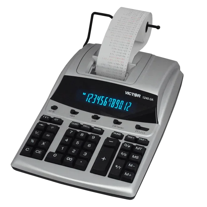 12-digit heavy-duty commercial printing calculator with paper roll and illuminated display