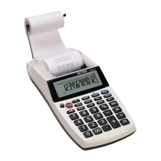 12-digit portable printing calculator with LCD display and paper roll, white desktop design