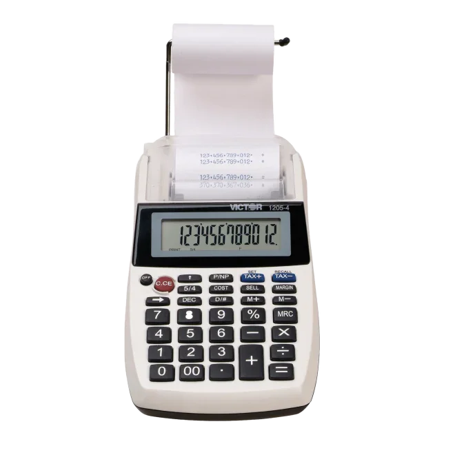 12-digit portable commercial printing calculator with paper roll, large display, and keypad