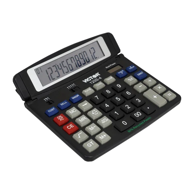 12-digit professional desktop calculator with large angled display and multi-colored keys