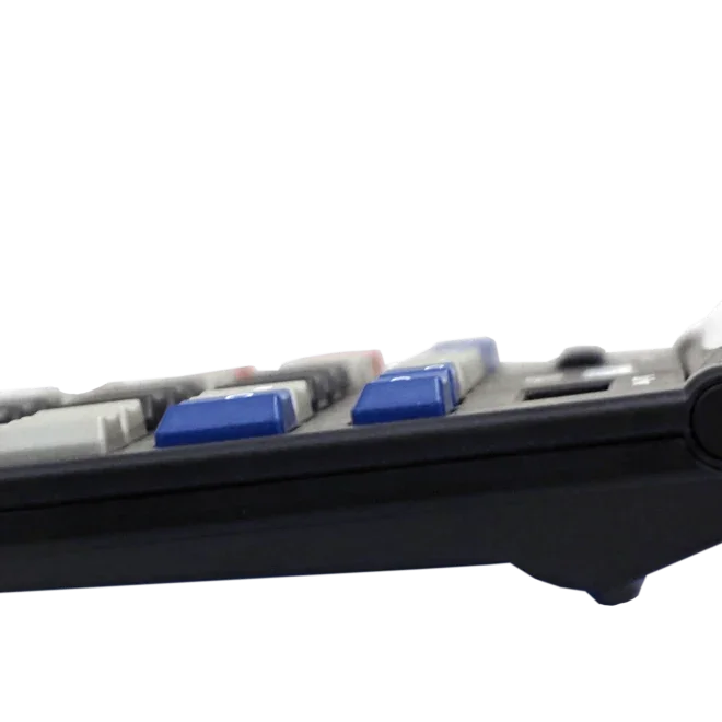 Side view of a 12-digit desktop calculator with blue, white, and gray keys