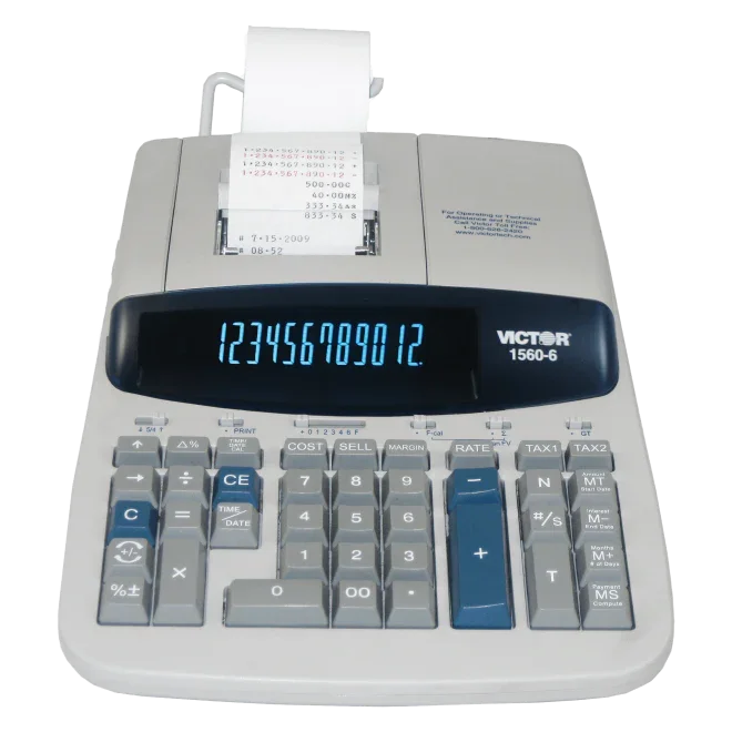 Professional-grade 12-digit commercial printing calculator with large keypad and paper roll