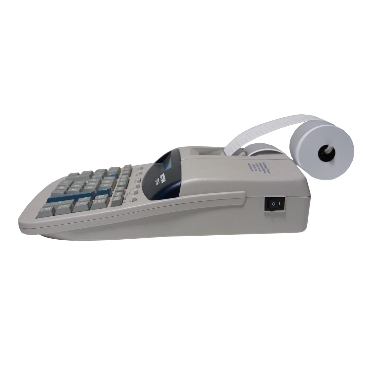 Side view of a 12-digit heavy duty commercial printing calculator with paper roll