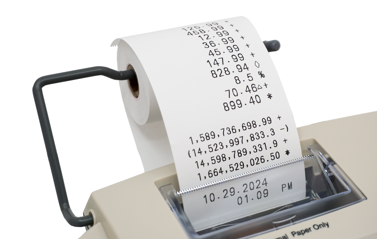 Thermal printing calculator with large display printout and paper roll in close-up view.