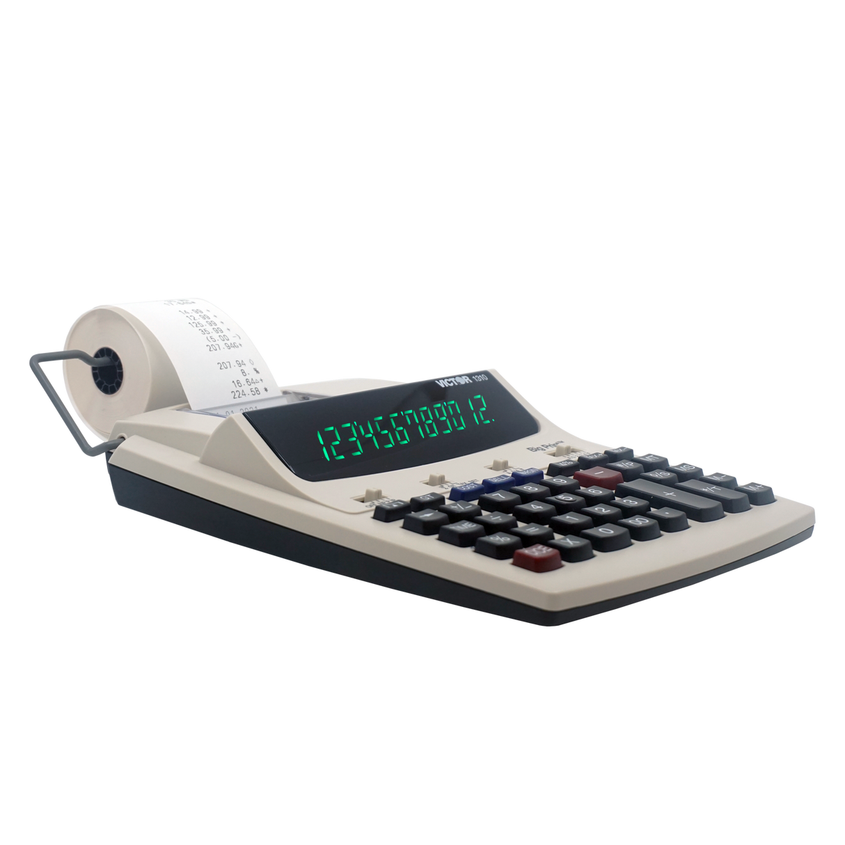 Thermal printing calculator with large display and paper roll on a black background