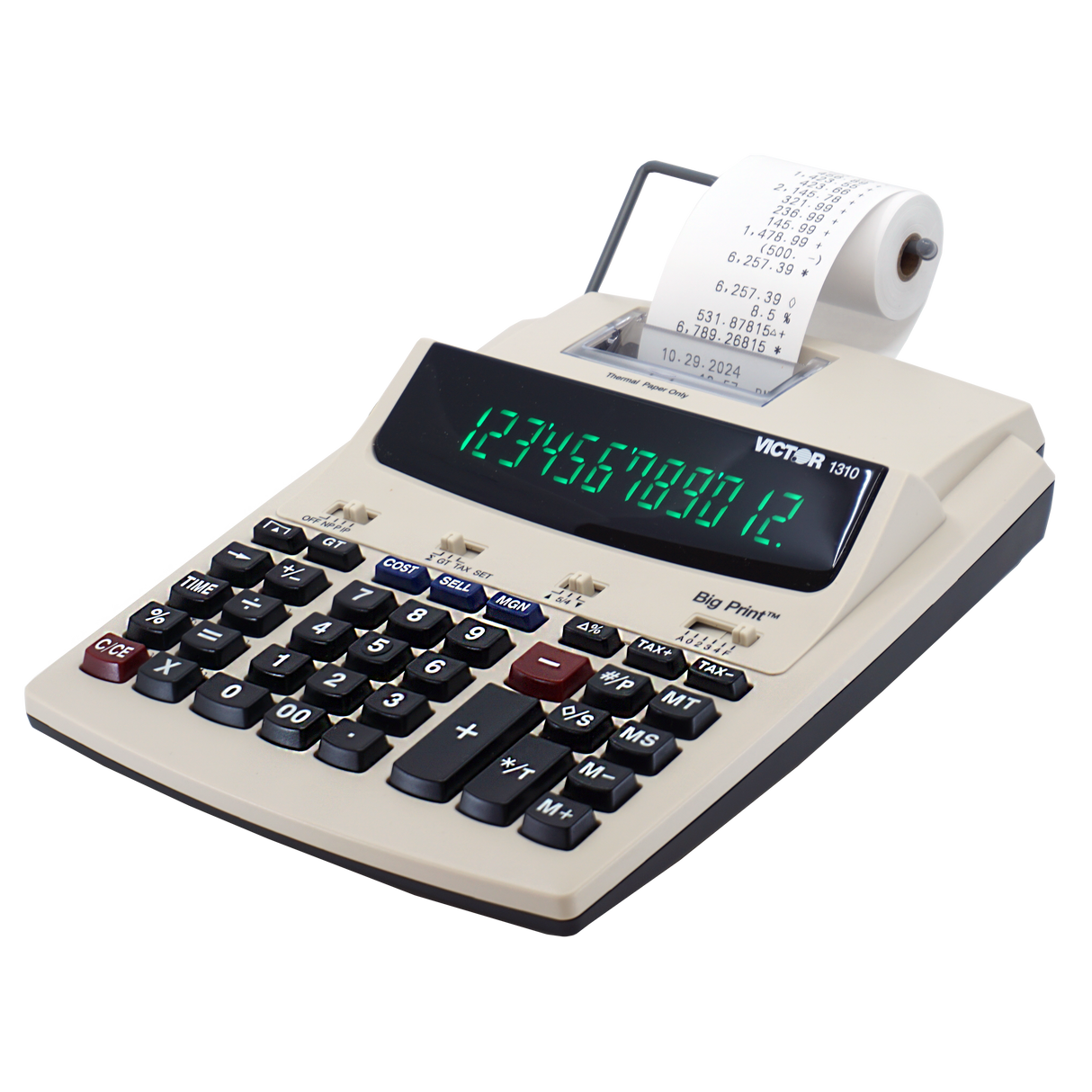 Thermal printing calculator with large display and paper roll, Victor 1310 model