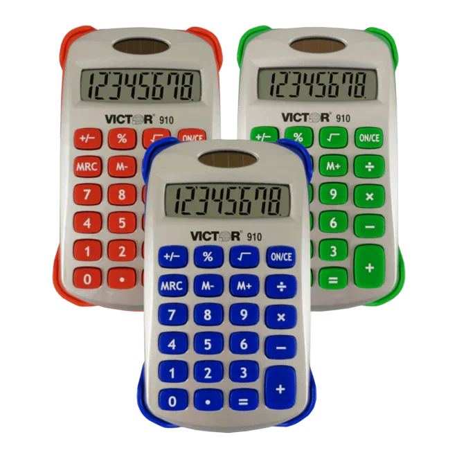 Set of three 8-digit handheld calculators with blue, red, and green keypads