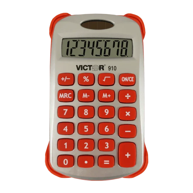 8-digit handheld calculator with red buttons and protective cover, LCD display showing numbers