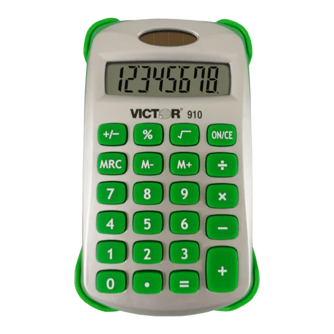 8-digit handheld calculator with green buttons and protective cover, solar powered