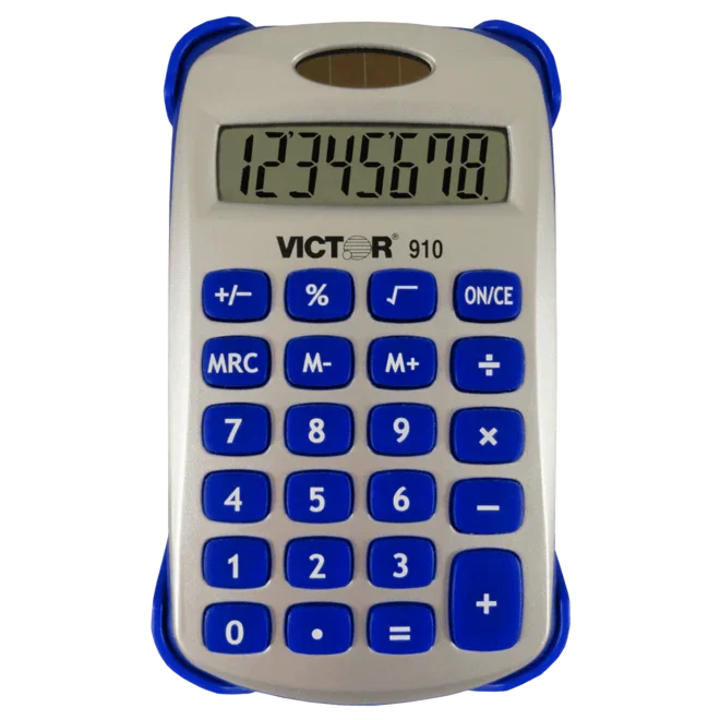 8-digit handheld calculator with blue buttons, large display, and protective cover