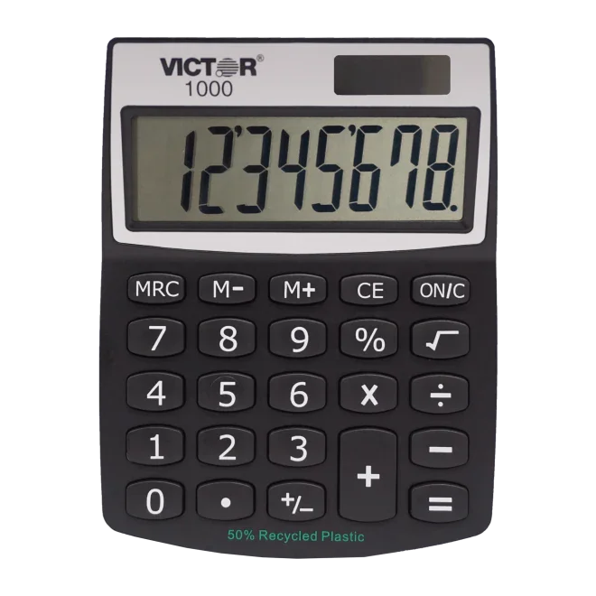 8-digit desktop calculator with large display, black buttons, and solar panel