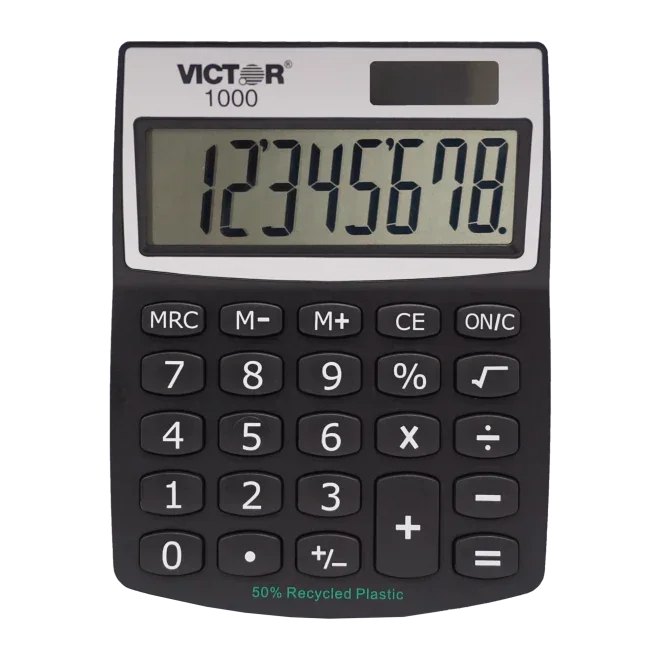 Victor 1000 desktop calculator with 8-digit display, black keys, and 50% recycled plastic build