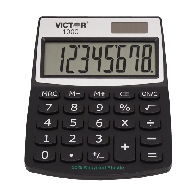 8-digit desktop calculator with large LCD display and black keys for office or school use