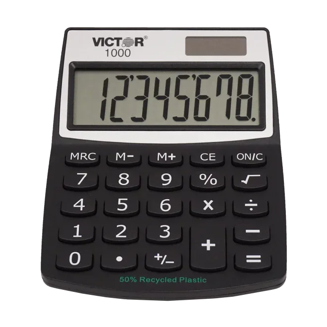 Victor 1000 desktop calculator with 8-digit display, black keys, and 50% recycled plastic build